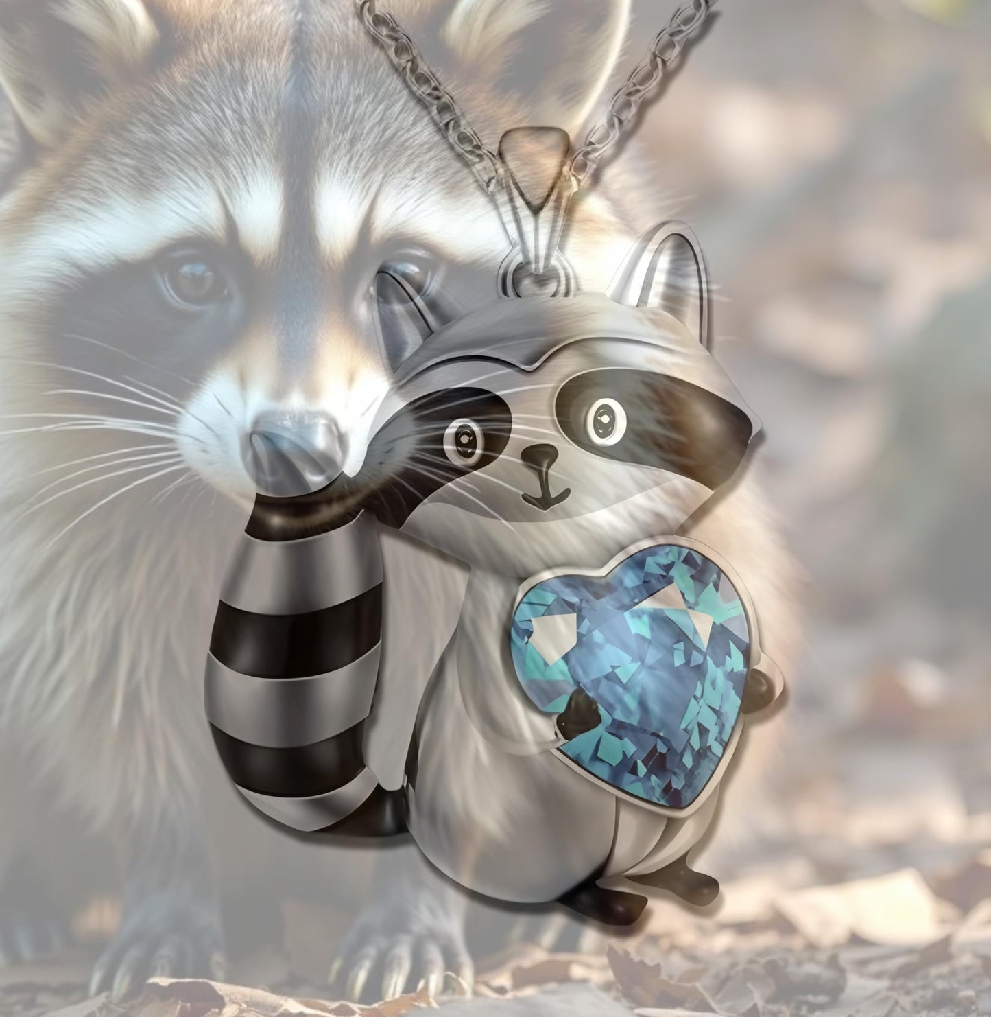 Smiling Raccoon Necklace, Holding a Blue Heart, Silver and Black - Racoon Jewerly Gift