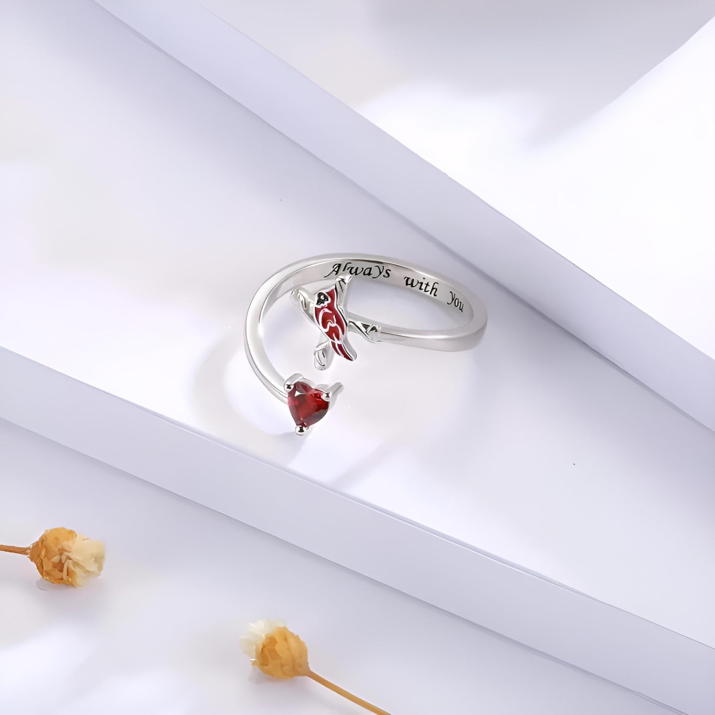 SUPAC Red Cardinal Cross Ring, Silver-Plated 'I Am Always with You' Inspirational Message, Adjustable - Christmas, Party, or Birthday Gift