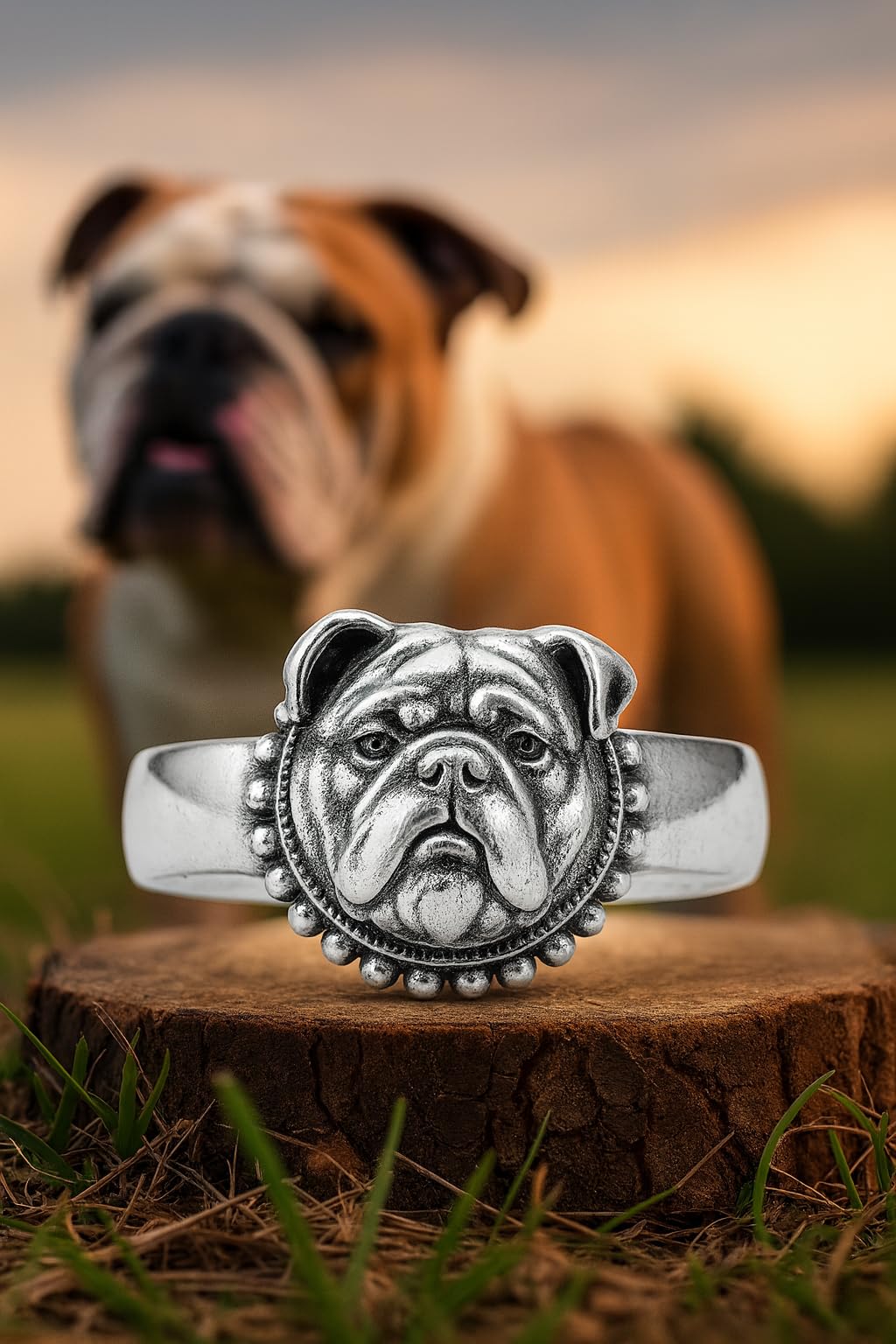 SUPAC Adjustable Silver Dog Ring, Westie Terrier and Bulldog Design, Fashion Jewelry (British Bulldog)