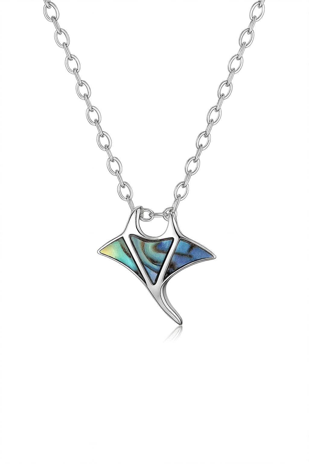SUPAC Stainless Steel Manta Ray Pendant Necklace with Abalone Shell Inlay, 15.75 Inches Chain