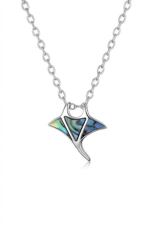 SUPAC Stainless Steel Manta Ray Pendant Necklace with Abalone Shell Inlay, 15.75 Inches Chain