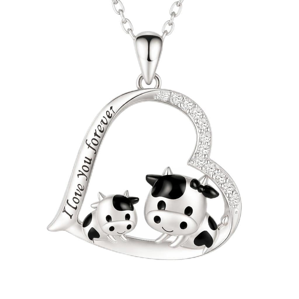 Blue Heart Shaped Mother and her Calf Cow Pendant Necklace for Women - Mother's Day Gift, Christmas, or Birthday Gift