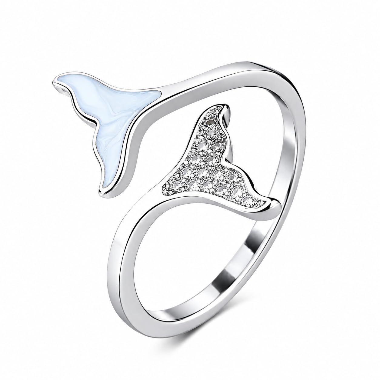 SUPAC Sterling Silver Whale Tail Ring with Crystal Accents, Adjustable Open Design - Gift for Whale Lovers