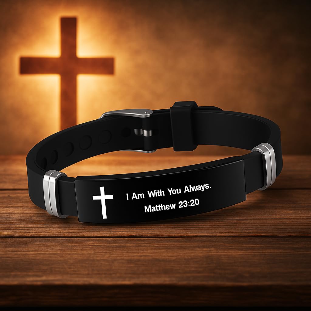 Christian Cross Bracelet with Proverbs 3:5, Phillipians 4:13, Matthew 19:26, Isaiah 41:10, Luke 1:37, Matthew 28:20 Scripture, Black Silicone Adjustable Watch Band, 9.05 inch Length