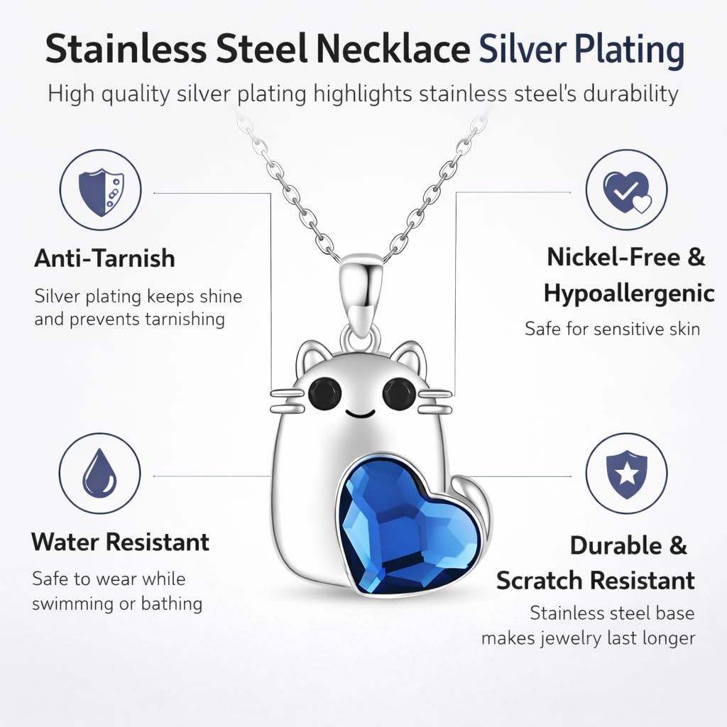SUPAC Cute Cat Blue Crystal Heart Jewelry Set, Stainless Steel Necklace, Earrings and Bracelet, Hypoallergenic