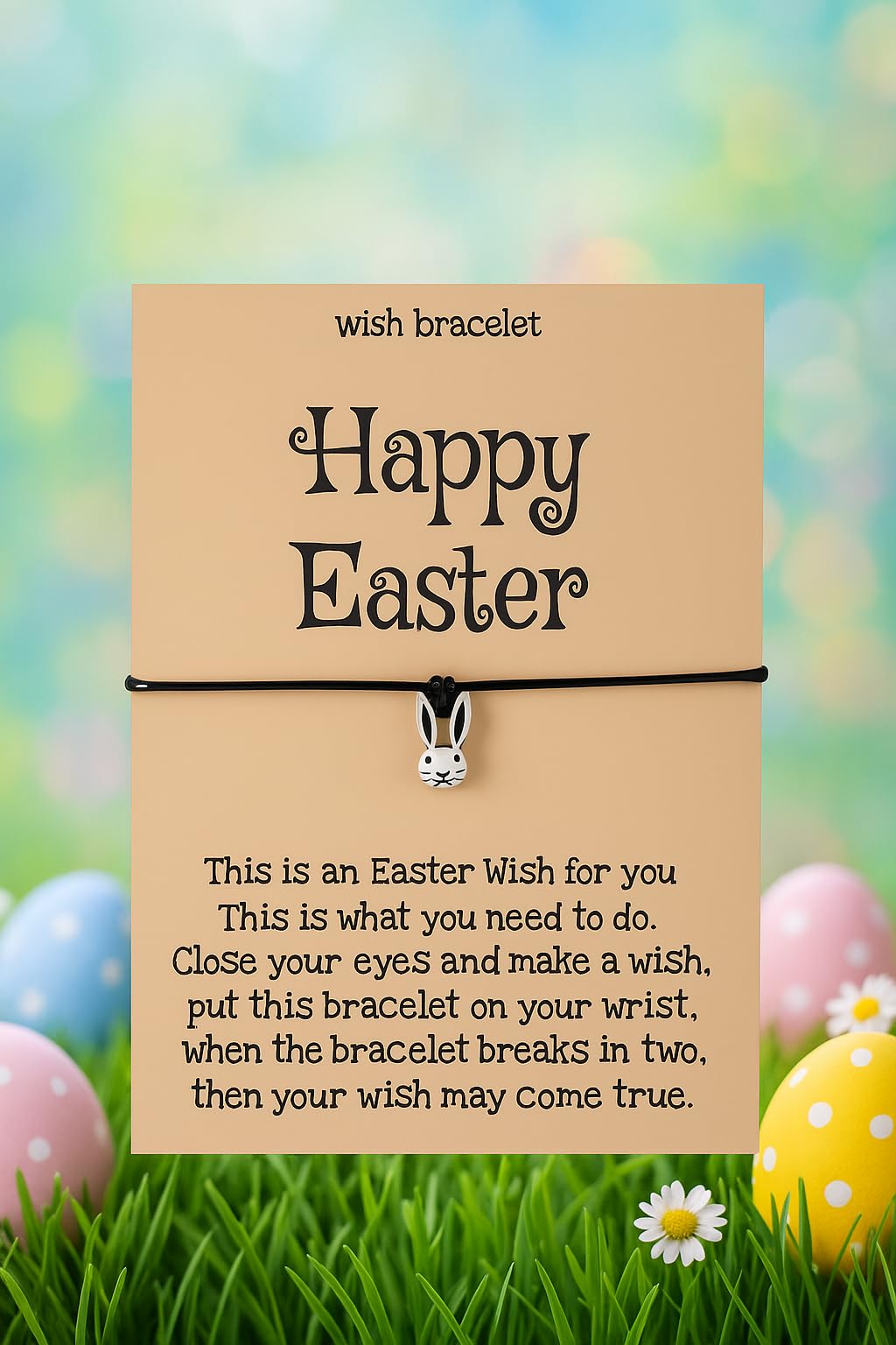Easter Wish Bracelet with Bunny Charm, Easter Egg, Black String Adjustable Friendship Bracelet, Holiday Gift