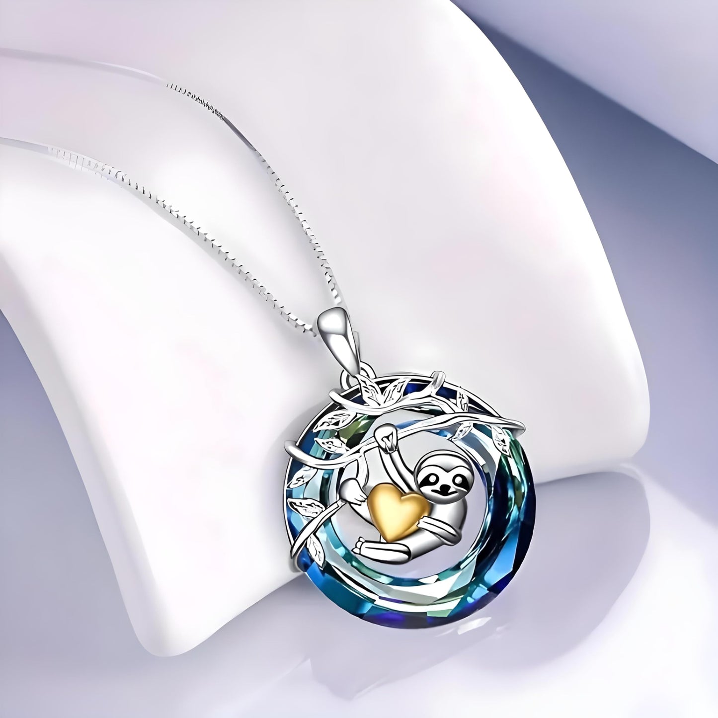 Sloth Pendant Necklace, Silver Chain, Crystal Rainbow Background - Gift for Friends (Sloth)
