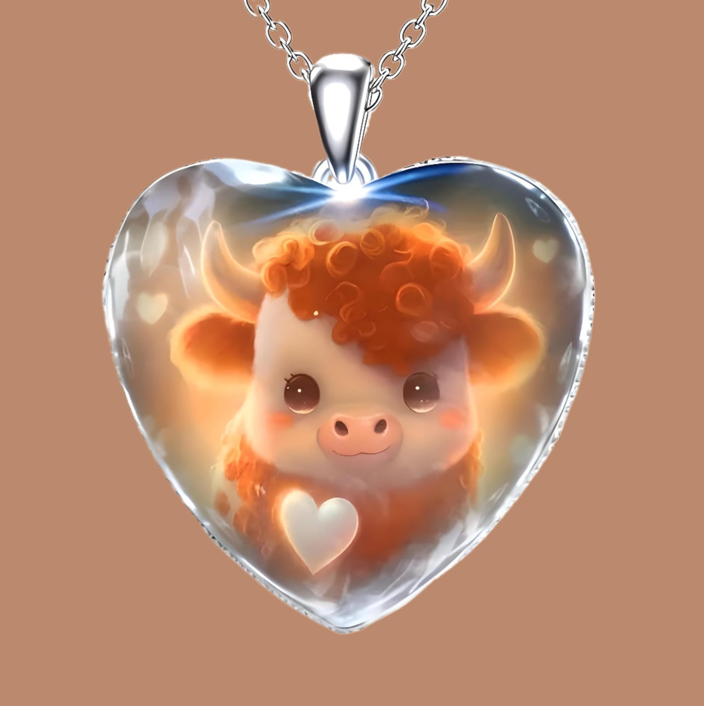 Heart-Shaped Pendant Necklace with Different Animals - Panda, Horse, Deer, Cat, Elephant, Dog Scenic Views, Stainless Steel Necklace with Glass Pendant - Christmas, Holiday, or Birthday Gift (Calf)