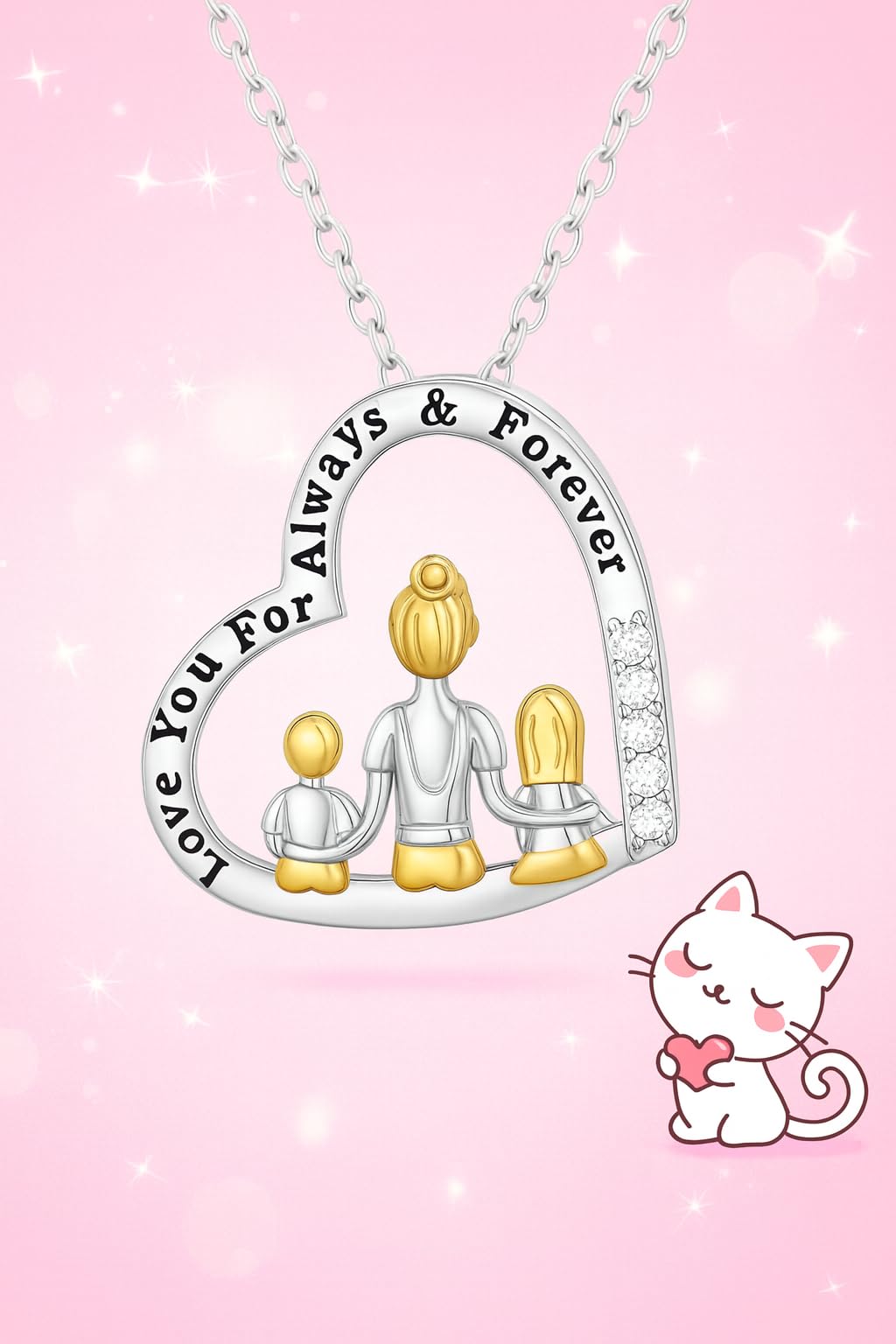SUPAC Heart-Shaped Family Necklace with Crystal Accents, Mother and Daughter Pendant Gift, Silver and Gold-Tone, 'I Love You Always & Forever' Message