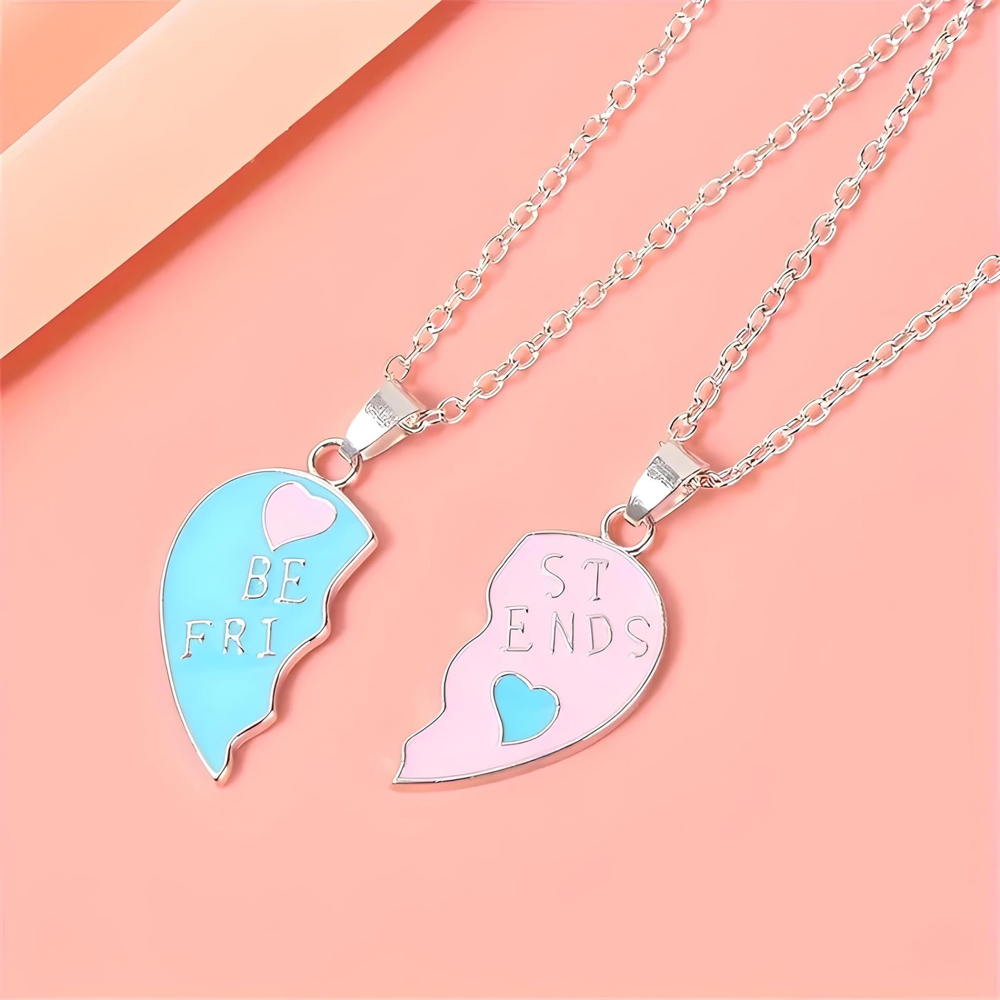Best Friends Split Heart Pendant Necklaces, Pink and Blue Enamel, 2 Piece Set Gold or Silver Options - Gift for Best Friends