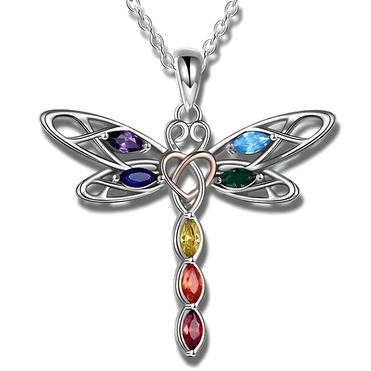 Sterling Silver Dragonfly Pendant Necklace, Multi-Color Crystal Wings, Celtic Heart Design - Dragonfly Gift