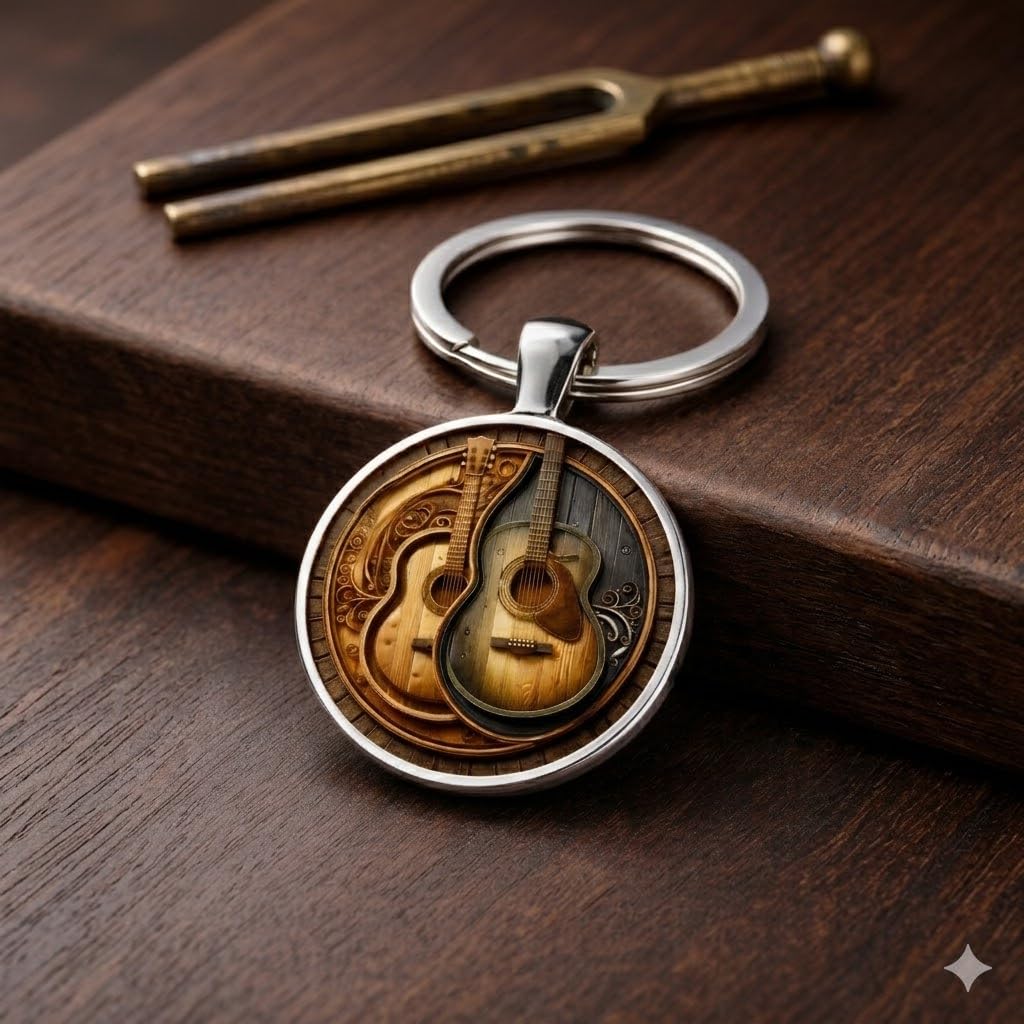 SUPAC Decorative Acoustic Guitar Keychain, 2D Flat Design, 1.18 inch Ring