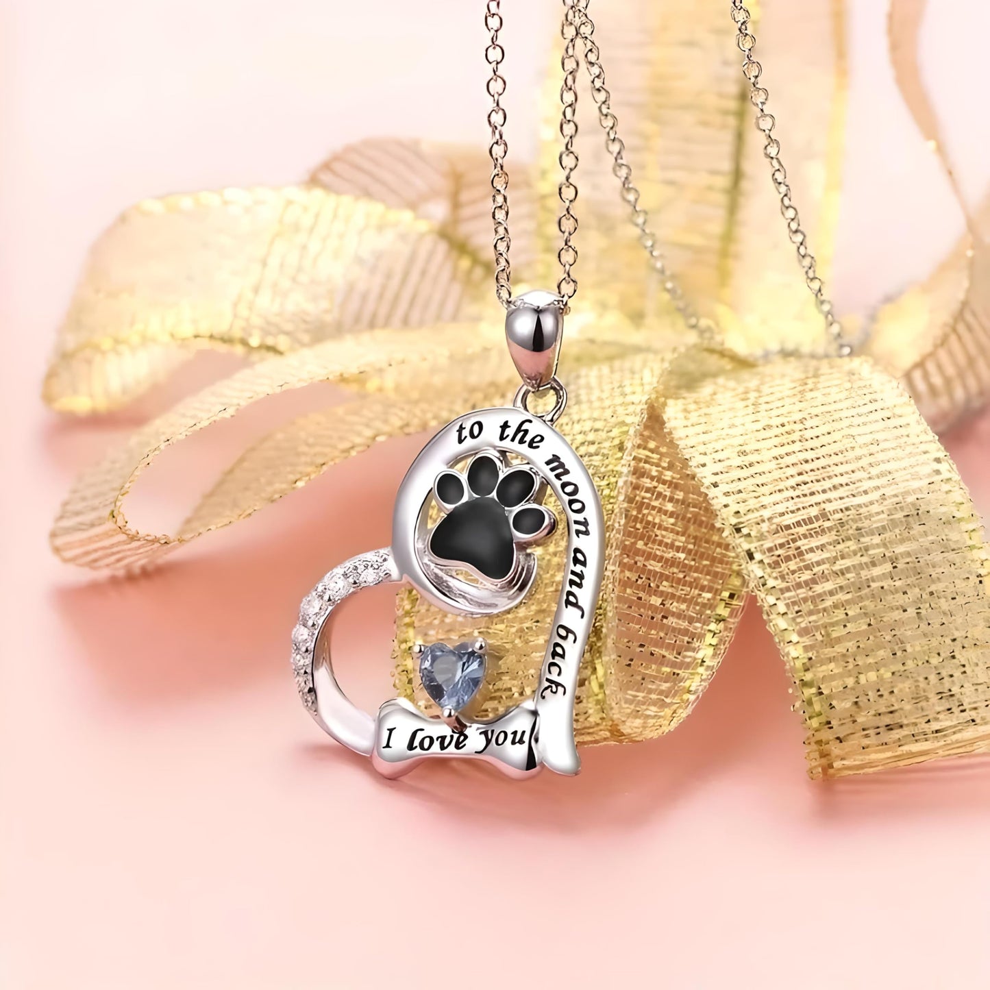SUPAC Dog Paw Love Pendant Necklace, to the moon and back, I love you- Jewlery Gift for Birthdays or Christmas. Multiple Color Options of Simulated Diamond