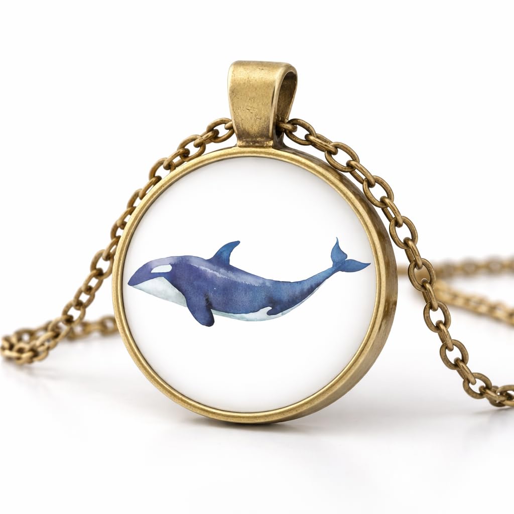 SUPAC Orca Whale Pendant Necklace, Bronze Plated Stainless Steel, Round Glass Cabochon, Hypoallergenic, Shamu Gift - Water Resistant, 19.7 Inch Chain