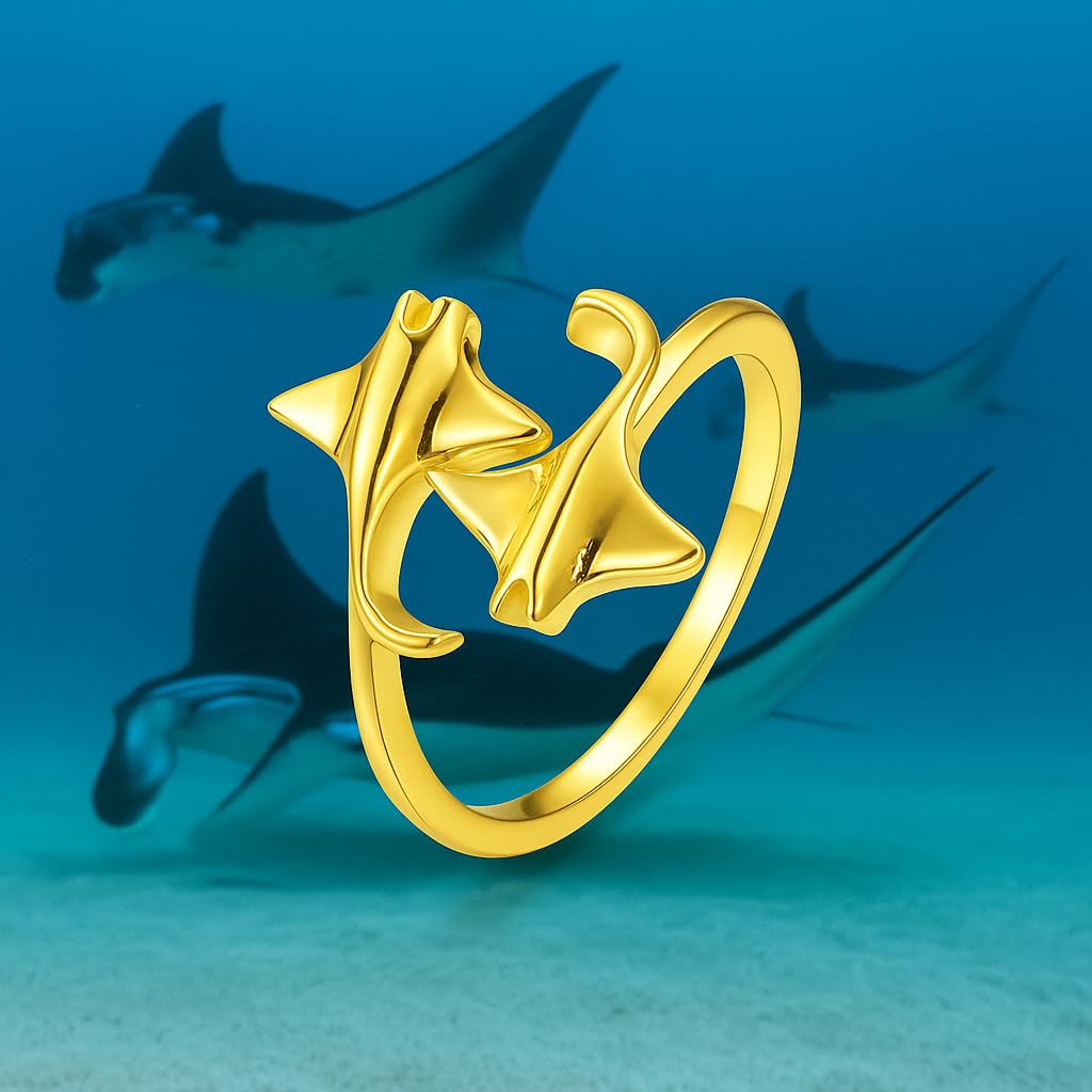 SUPAC Gold Silver Black Manta Ray Adjustable Ring, Adjustable Size, .43inch adjustable opening - Manta Ray Gift