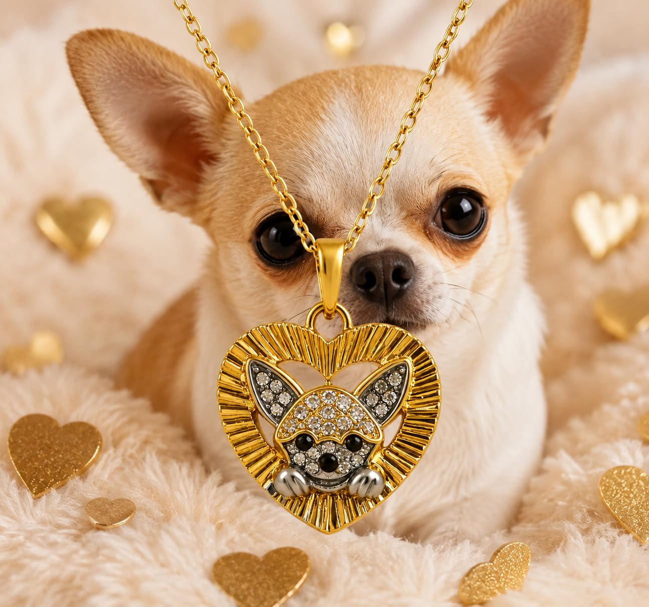 Chihuahua Heart Dangle Earrings, Gold Tone Stainless Steel, Crystal Rhinestone Dog Charm, 0.90 in - Stainless Steel Jewlery, Dog Lover's Gift