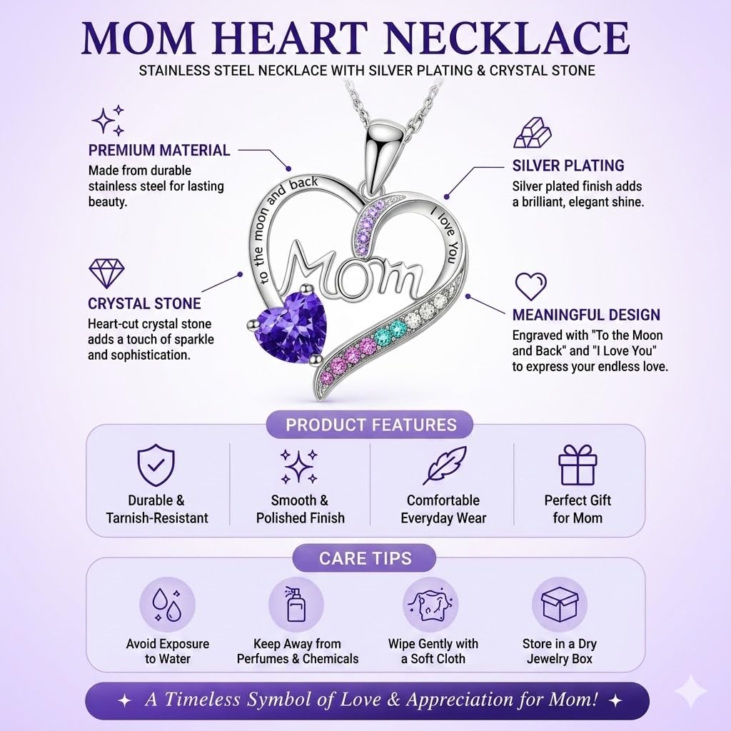 SUPAC Heart Mom Necklace, Sterling Silver Crystal Pendant with Pink Heart Stone, I Love You to the Moon and Back - Mother's Day Gift