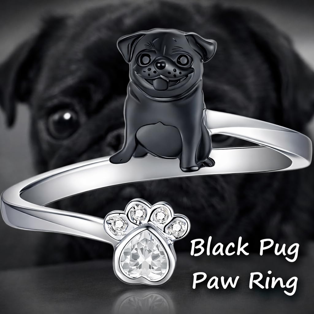 SUPAC German Shepherd, Yorkie, Pug Dog Paw Adjustable Ring, Sterling Silver, Paw Print Design with Crystal Accents - Christmas, Birthday, or Party Ring