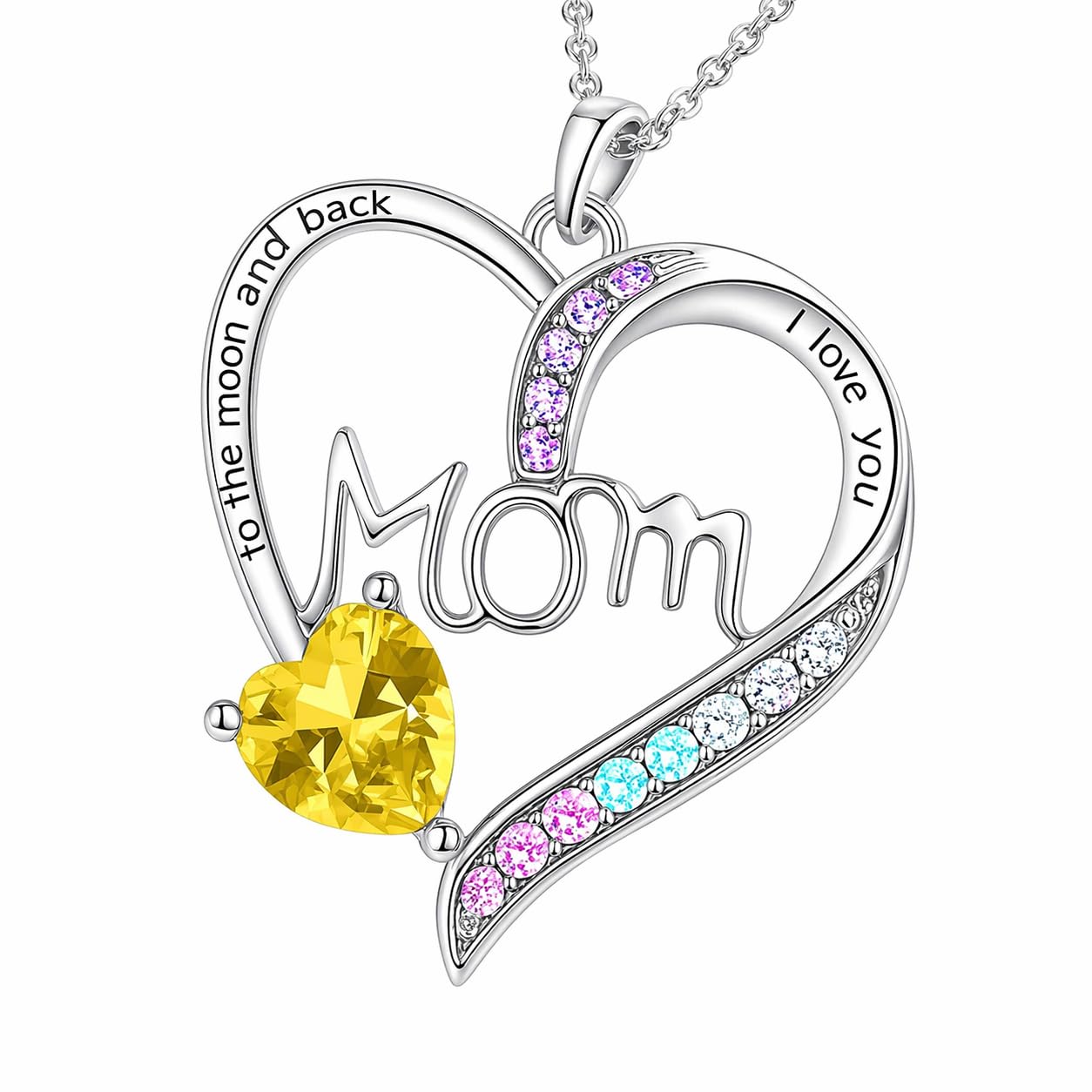 SUPAC Heart Mom Necklace, Sterling Silver Crystal Pendant with Pink Heart Stone, I Love You to the Moon and Back - Mother's Day Gift