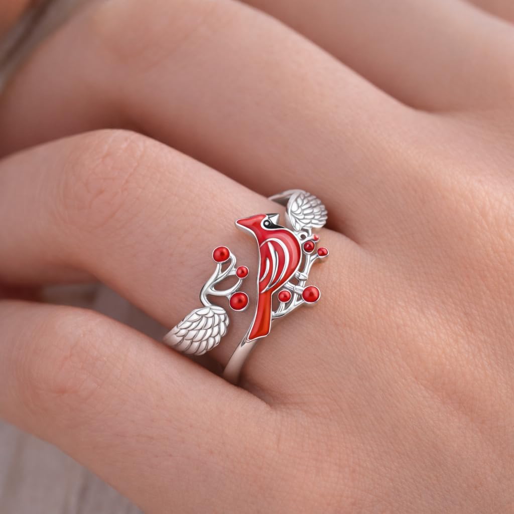 SUPAC Red Cardinal Cross Ring, Silver-Plated 'I Am Always with You' Inspirational Message, Adjustable - Christmas, Party, or Birthday Gift