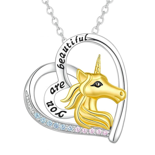 SUPAC Gold Unicorn Festive Heart-Shaped Necklace- 'you are beautiful' Charming Gift for Unicorn Lovers