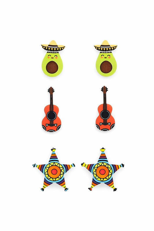 Cute Taco Stud Earrings Set, 3 Pairs of Mexican Cinco de Mayo Food Jewelry, Different Facial Expressions - 0.59 inch