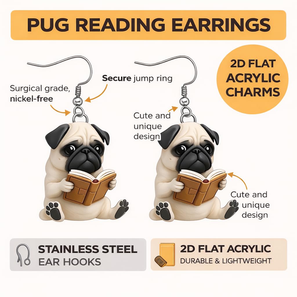Cute Reading Pug Dangle Earrings, 2D Flat Acrylic, 1.2 inch - Dog Lovers' Gift