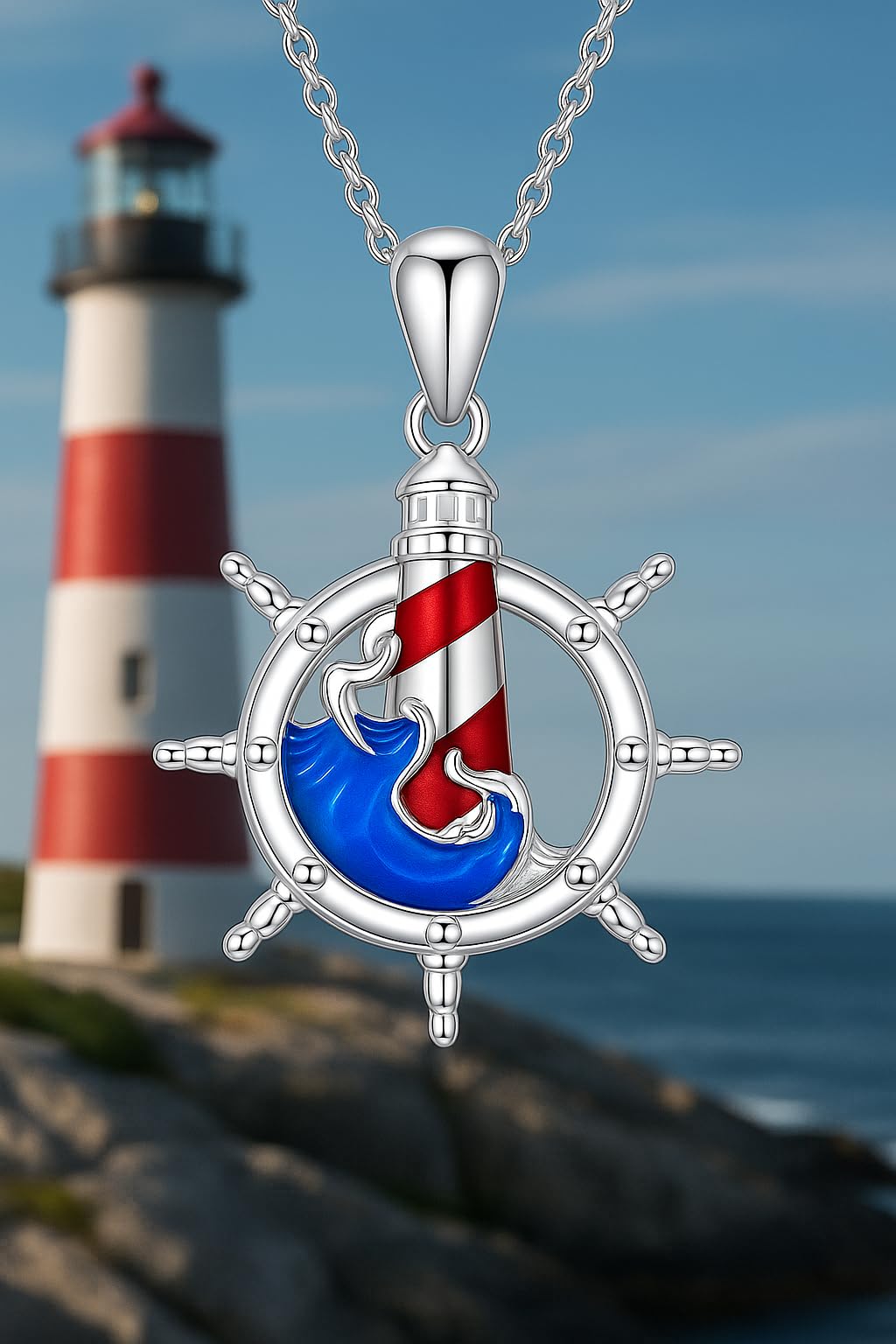 SUPAC A Nautical Life, Lighthouse and Ship Wheel Pendant Necklace, Gift for Birthday, Christmas, or Anniversaries