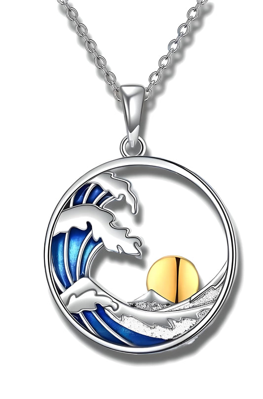 Ocean Wave Pendant Necklace, Sterling Silver Chain, Blue Enamel and Gold Sun Design - Beach Jewlery Gift