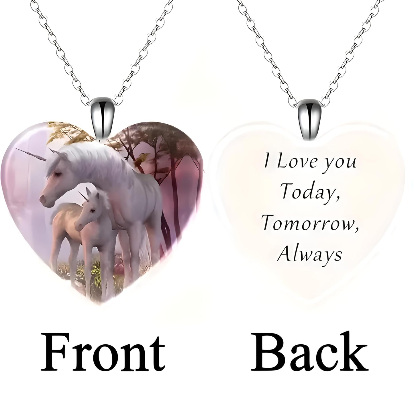 Heart-Shaped Pendant Necklace with Different Animals - Panda, Horse, Deer, Cat, Elephant, Dog Scenic Views, Stainless Steel Necklace with Glass Pendant - Christmas, Holiday, or Birthday Gift (Unicorns)