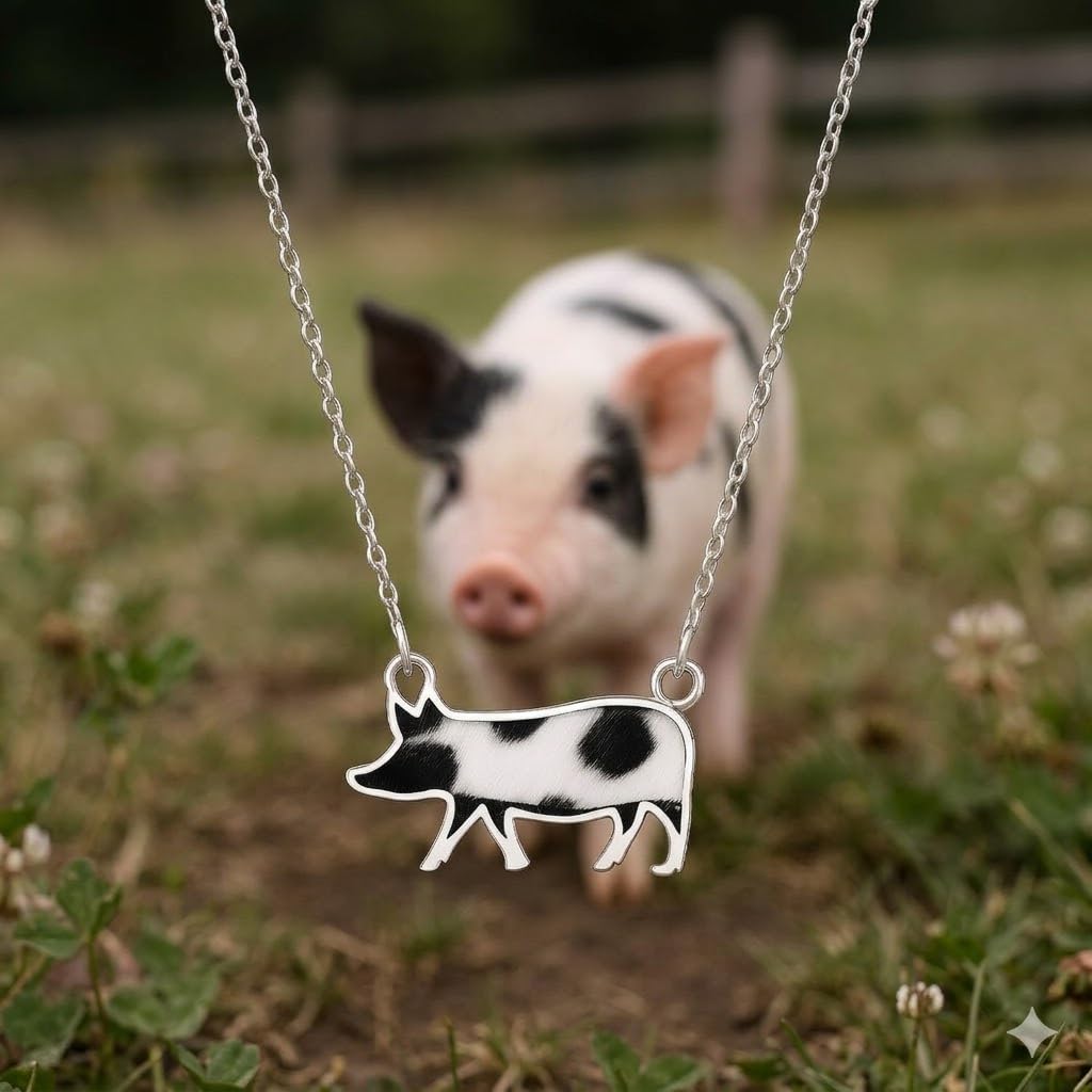 SUPAC Western Farm Animal Pendant Necklace, Cow, Horse, Goat, and Pig Hide - Silver Chain, 15.35 inch + 1.97 inch Extension