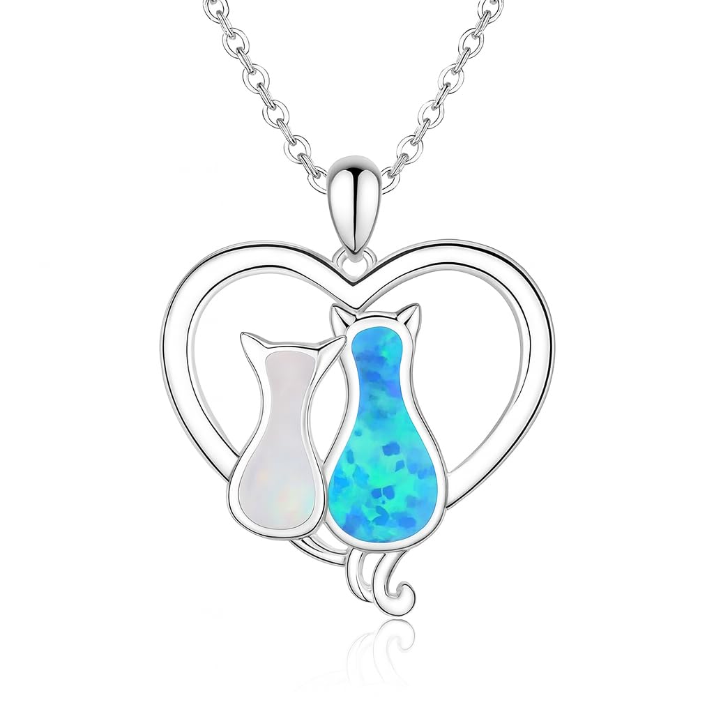 Cute Silver and Blue Turquoise Cat Heart Necklace - Stainless Steel Cat Design, Multi-Color Crystal (2 Cats)