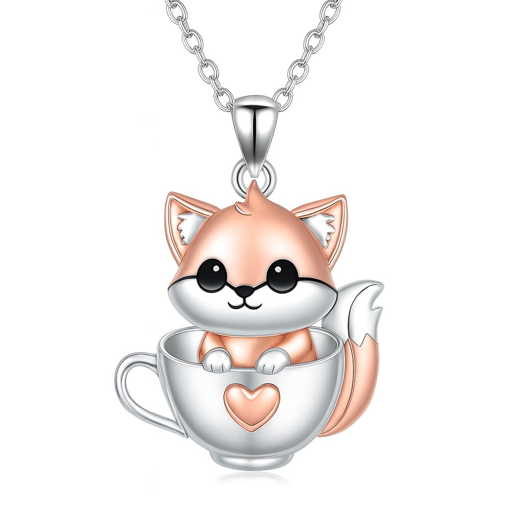 SUPAC Charming Fox in a Coffee Mug Pendant Necklace - Sparkling White, Golden Plated, Alloy & Resin
