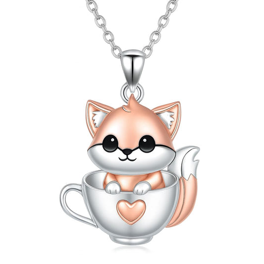 SUPAC Charming Fox in a Coffee Mug Pendant Necklace - Sparkling White, Golden Plated, Alloy & Resin
