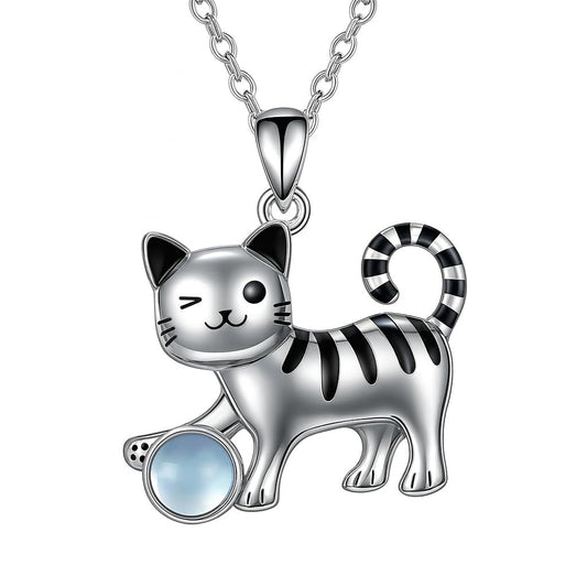 SUPAC Winking Cat Pendant Necklace Playing With Blue Ball, Sterling Silver Chain, Moonstone Ball Charm - Cat Lovers' Gift