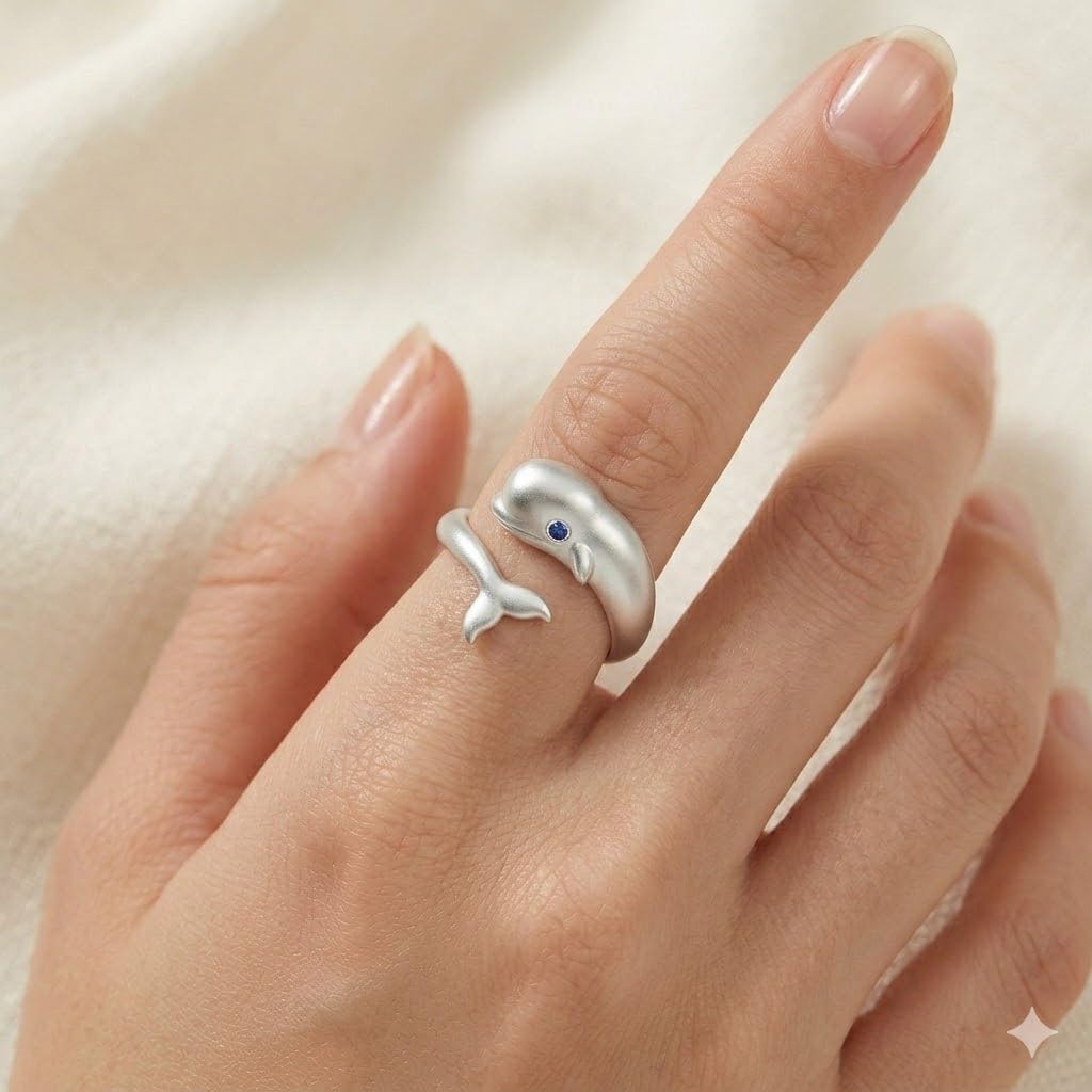 SUPAC Stainless Steel Beluga Whale Ring with Blue Crystal Eye, Ocean Theme Marine Life Jewelry - Beluga Gift