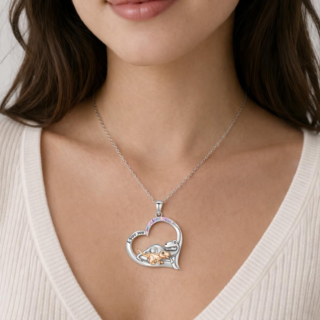 SUPAC Cute Cartoon Dinosaur Heart Pendant Necklace with Rhinestone Accents I Love You, Fashion Jewelry for Daily and Party Wear, Birthday and Christmas Gift