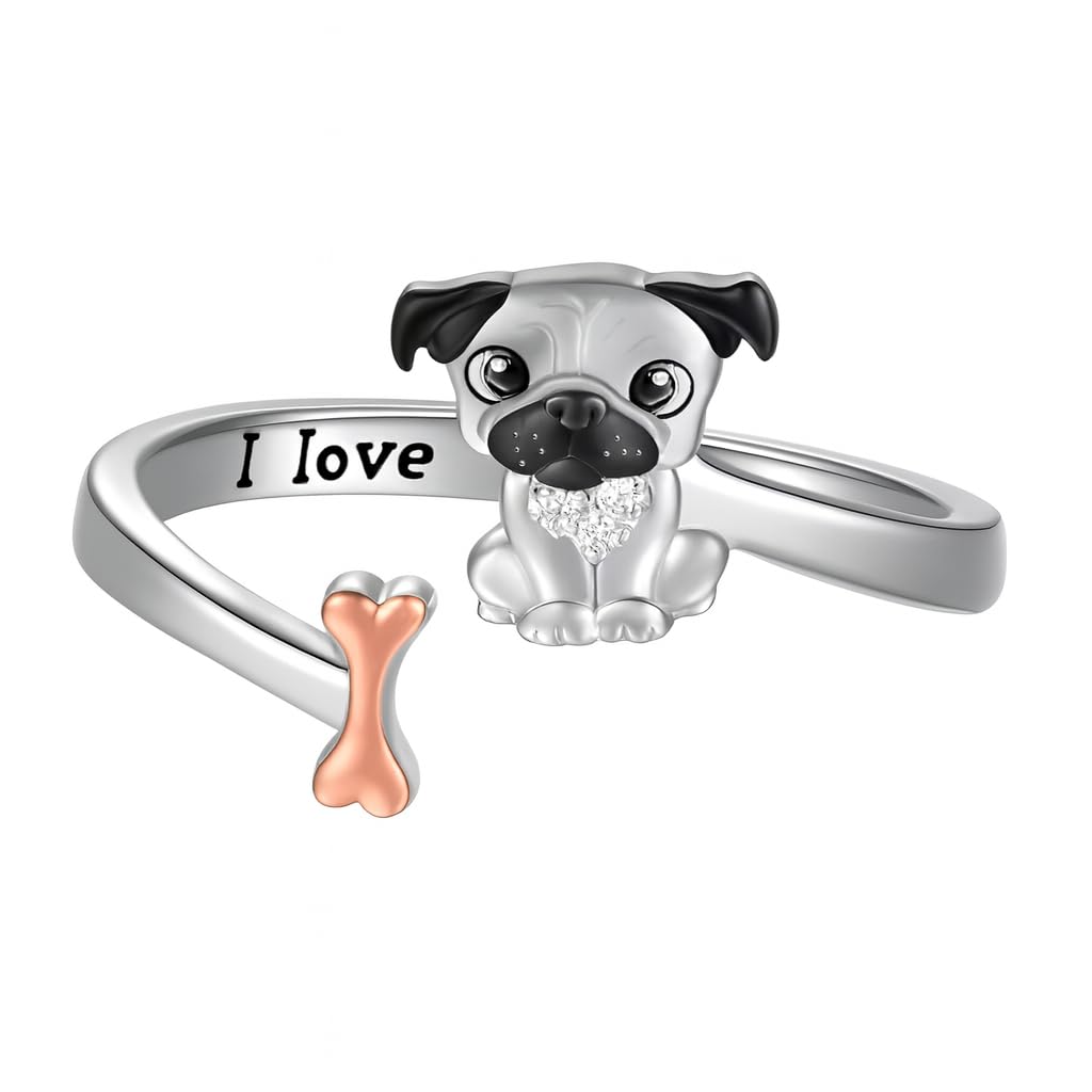 SUPAC German Shepherd, Yorkie, Pug Dog Paw Adjustable Ring, Sterling Silver, Paw Print Design with Crystal Accents - Christmas, Birthday, or Party Ring
