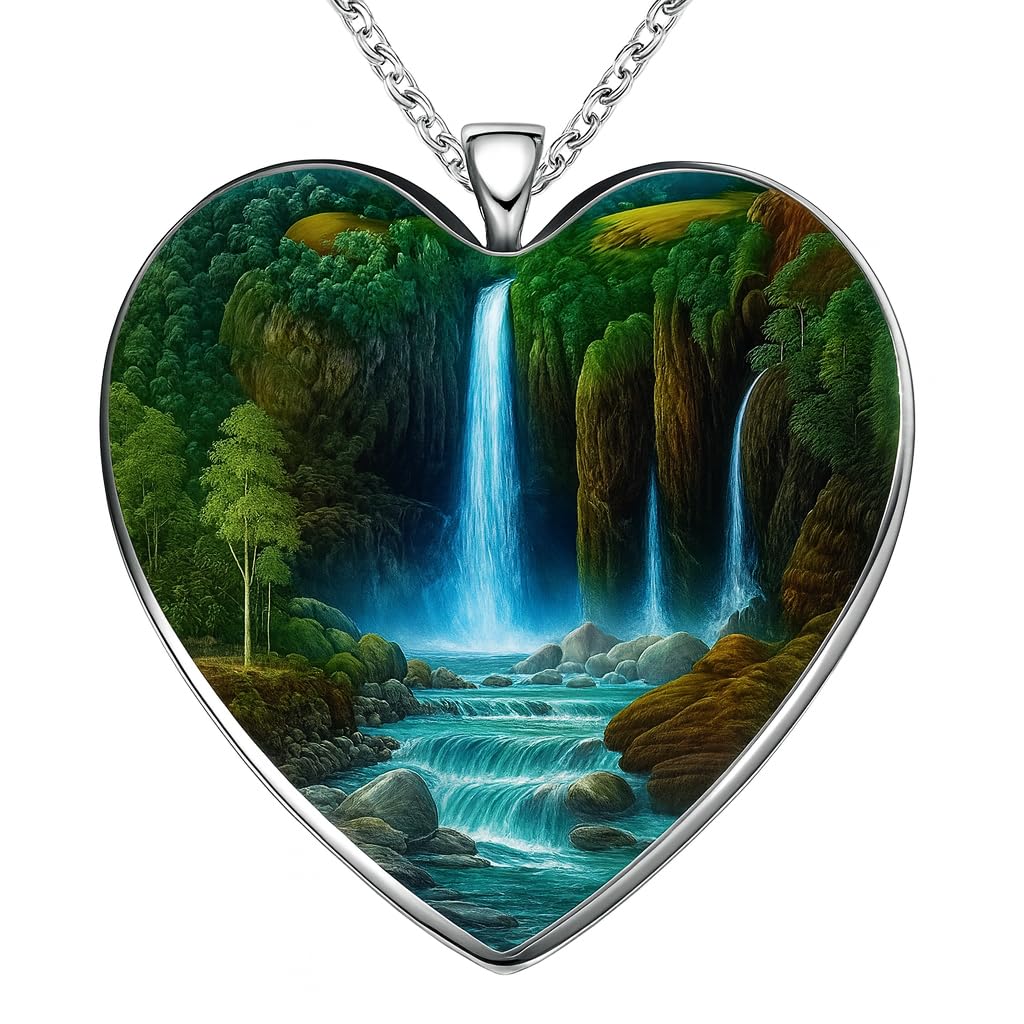 SUPAC Waterfall Heart Pendant Necklace, Scenic Landscape Design - Beautiful Glass Heart, Birthday, Holiday, or Christmas Gift