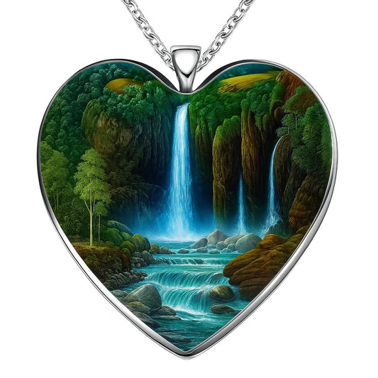 SUPAC Waterfall Heart Pendant Necklace, Scenic Landscape Design - Beautiful Glass Heart, Birthday, Holiday, or Christmas Gift