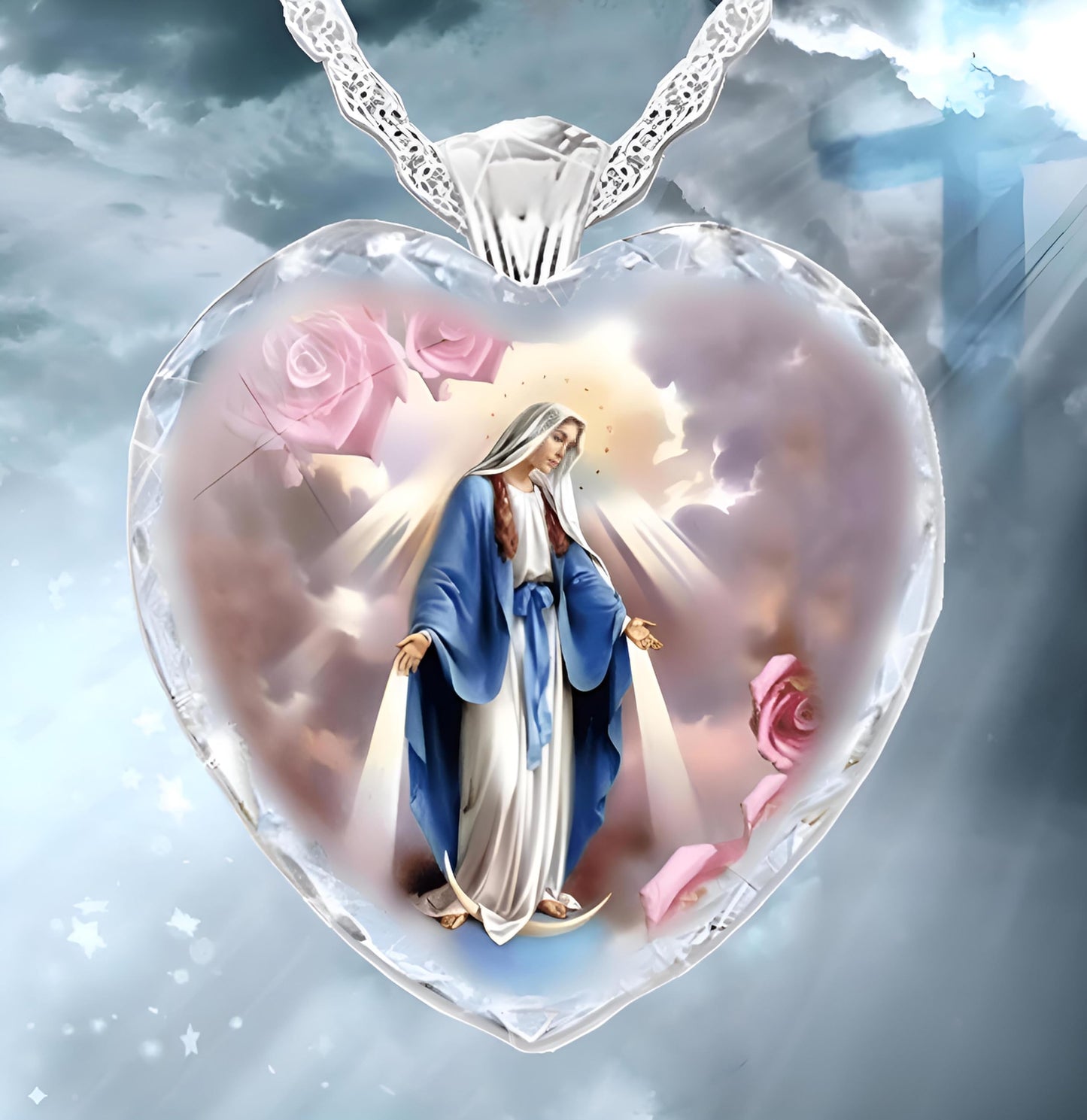 Glass Mother Mary Image with Heart Pendant Necklace, Stainless Steel Chain - Holiday, Christmas, or Birthday Gift
