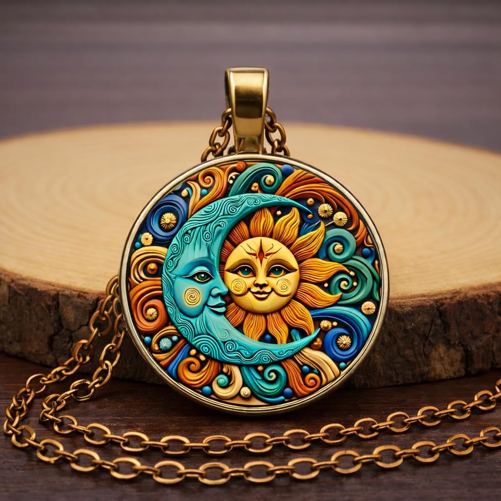 1pc Stunning Round Pendant Necklace - Unique Sun & Moon Pattern, Oil Painting Style Glass Mosaic, Alloy Construction, Trendy Sweater Chain, Fashionable Gift for Women - Christmas or Birthday Gift
