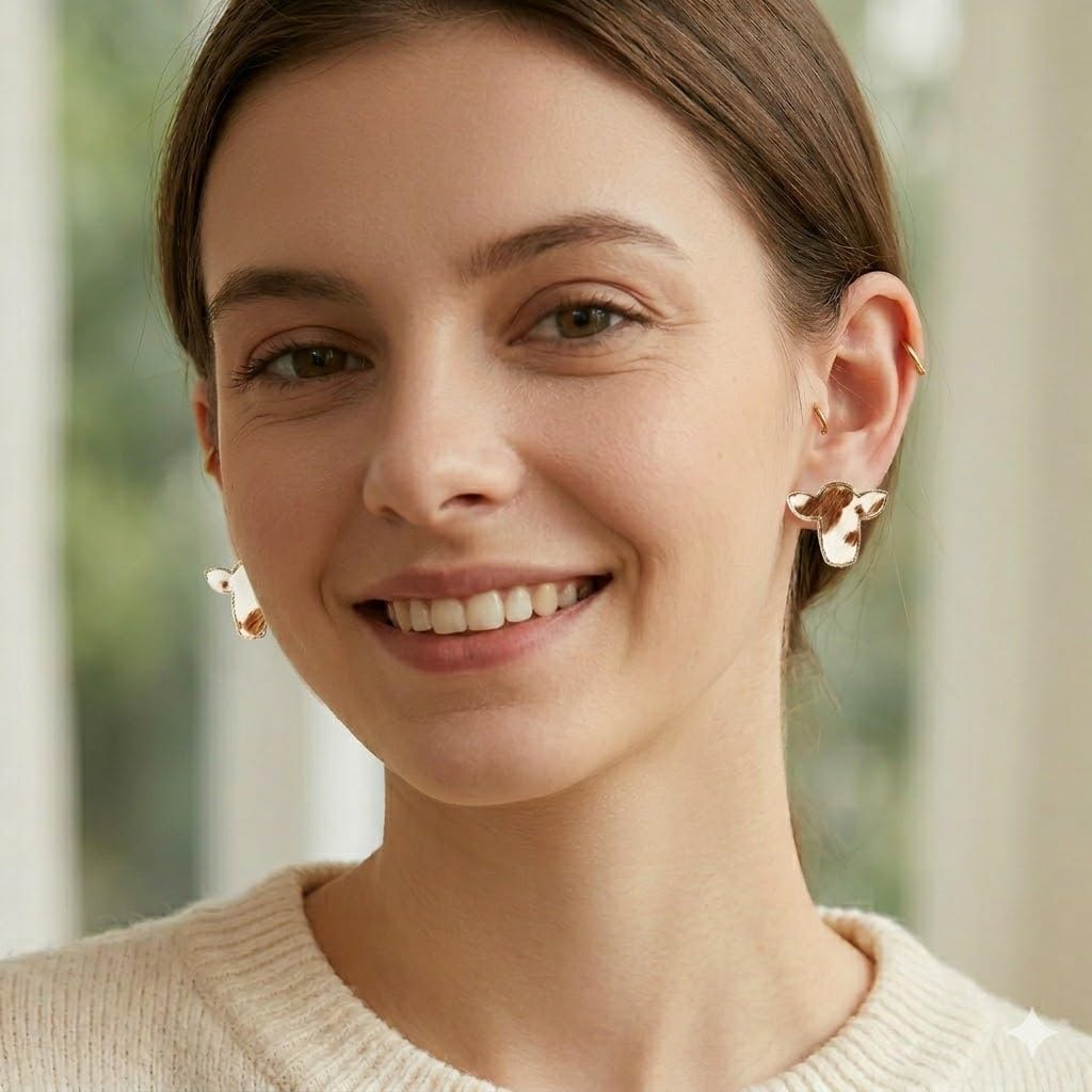 Cowhide Print Stud Earrings, 3-Set Gold-Tone Farm Animal Design, 0.78 x 0.62 inches -Brown, Orange, and Black Colors