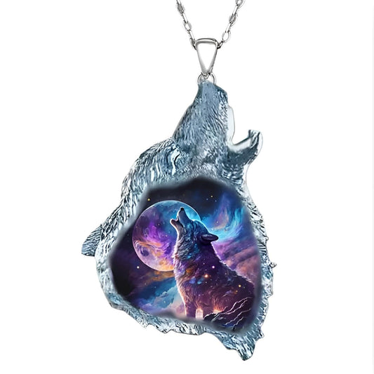 Wolf Howling Galaxy, Solar System, Snow Field, Pendant Necklace, Stainless Steel Chain - Christmas, Birthday, or Party Gift