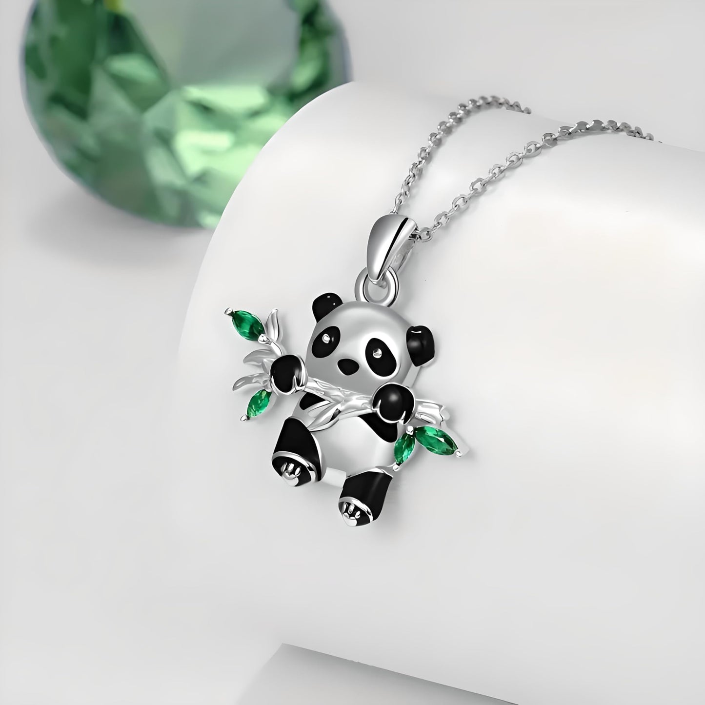 Sterling Silver Panda Pendant Necklace with Green Crystal Bamboo Leaves, 0.86 x 0.69 inches