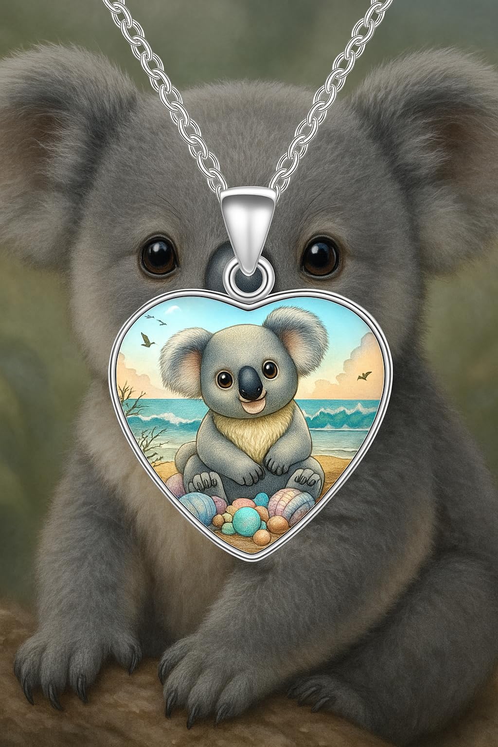SUPAC Heart-Shaped Koala Beach Scene Pendant Necklace, Silver Chain, 0.79 inch Width