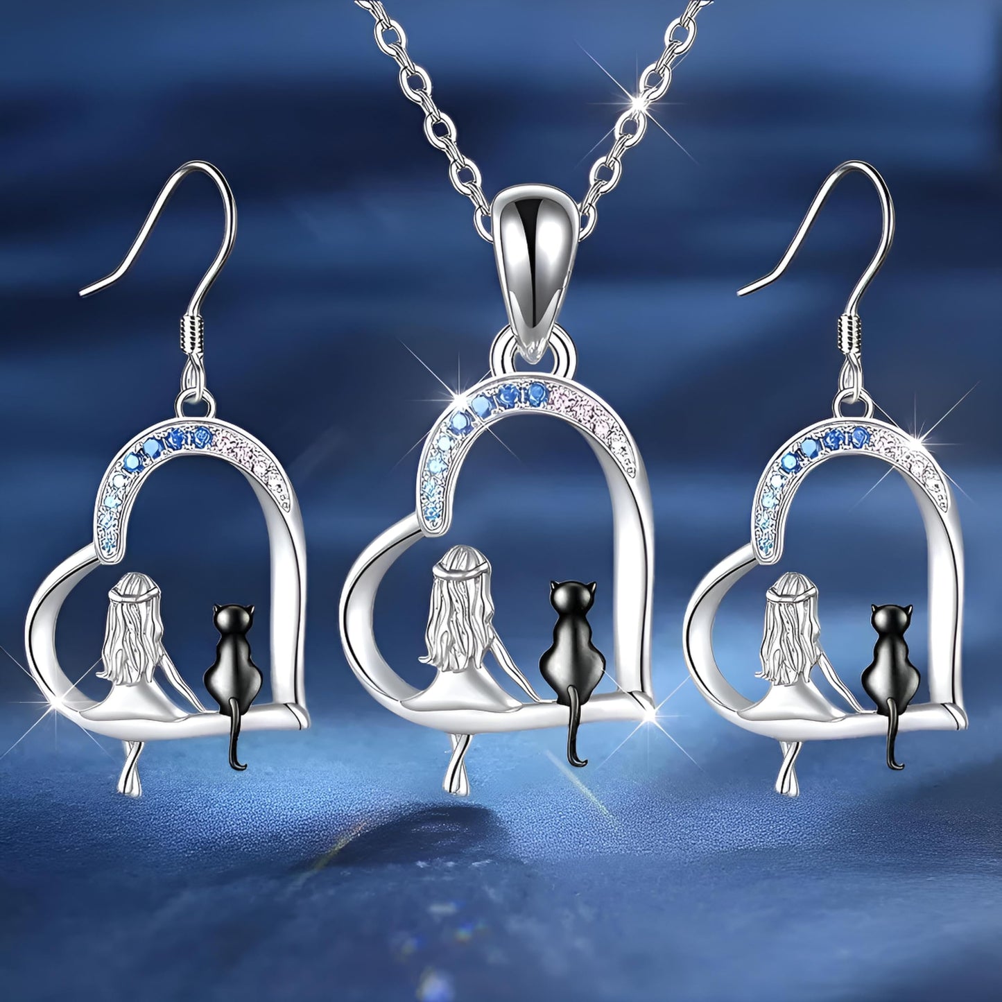 SUPAC Crystal Cat and Moon Jewelry Set, Stainless Steel Pendant Necklace with Blue and Pink Crystals, Rose Gold Cat Design, 3 Piece Set with Earrings, 0.90 Inch Width