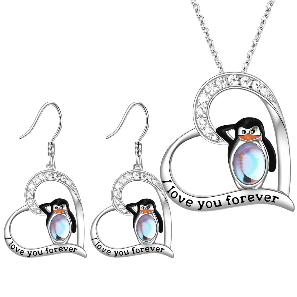 SUPAC Sterling Silver Penguin Pendant Necklace with Opal Stone and CZ Accents, 'Love You Forever' Engraved - Happy Feet Penguin