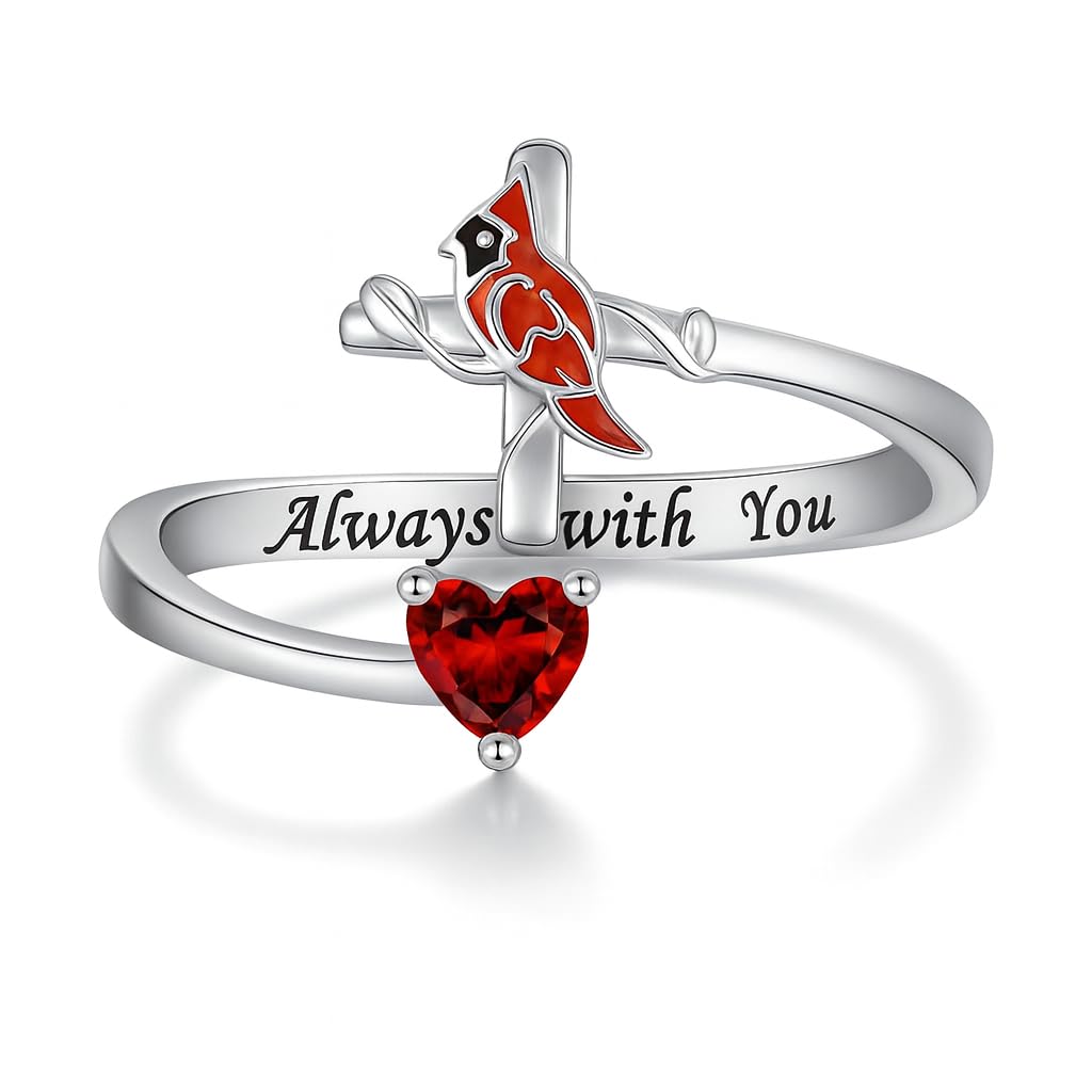SUPAC Red Cardinal Cross Ring, Silver-Plated 'I Am Always with You' Inspirational Message, Adjustable - Christmas, Party, or Birthday Gift