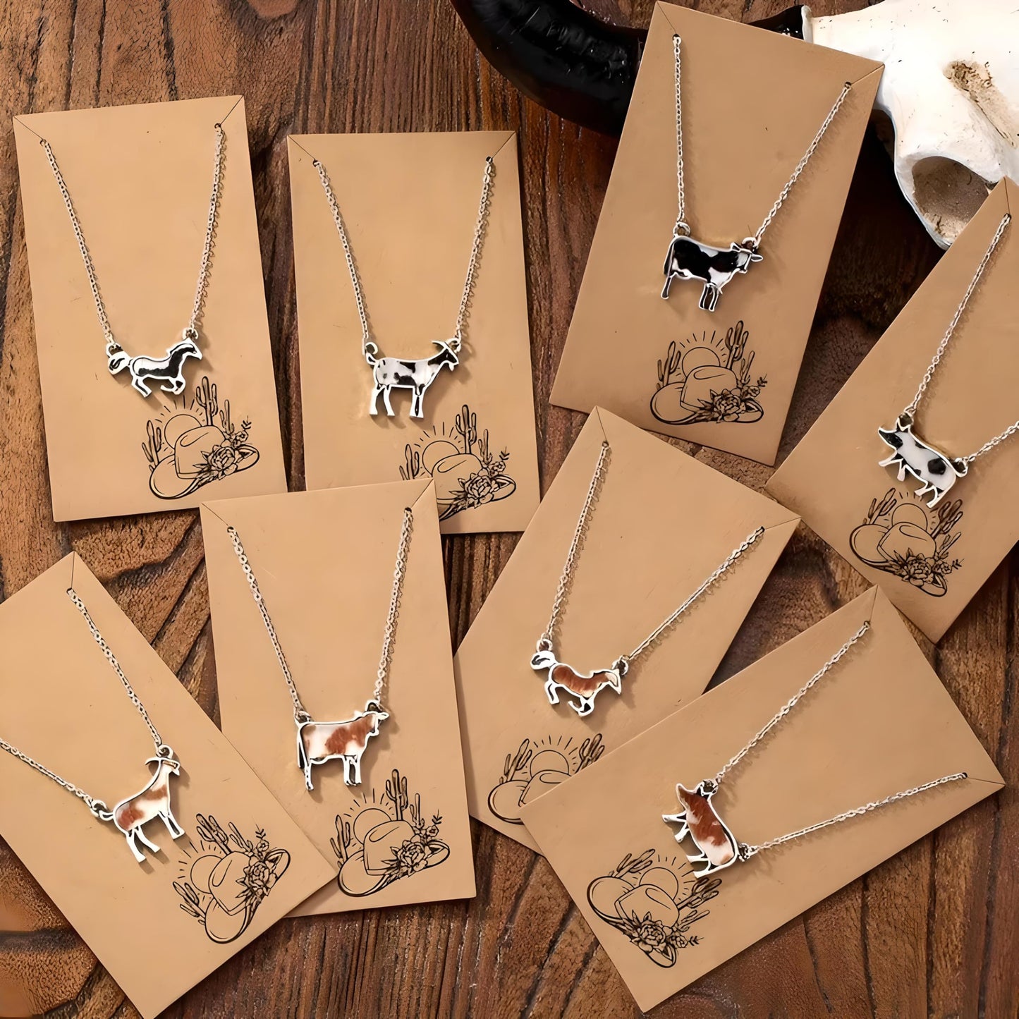 Western Farm Animal Pendant Necklace, Cow, Horse, Goat, and Pig Hide - Silver Chain, 15.35 inch + 1.97 inch Extension